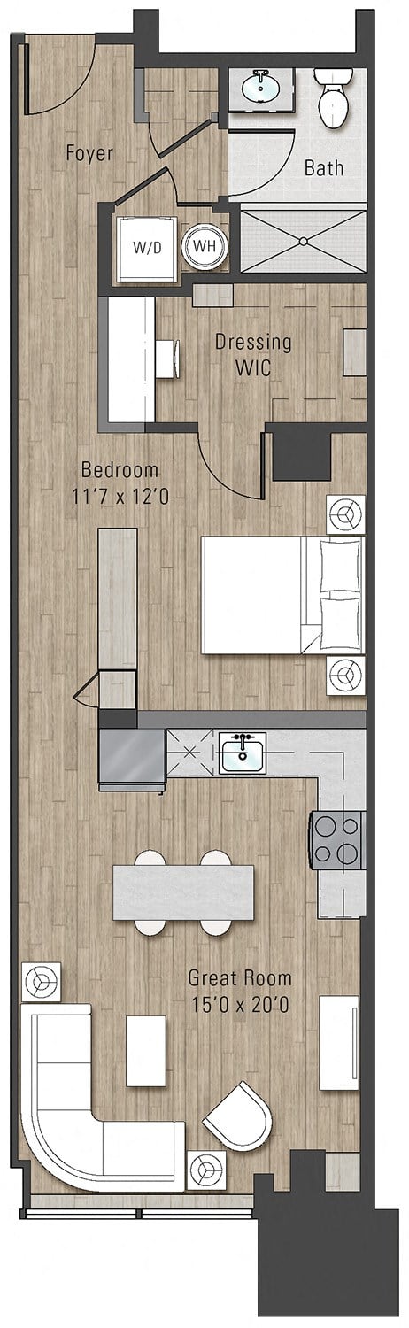 Floor plan for 1 bed, 1 bath, 790 sqft
